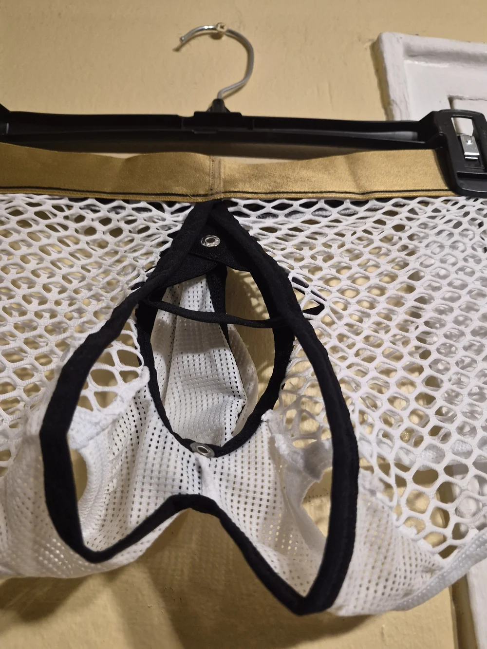 KarenSpace Men's White Mesh Brief with Black Trim and Gold Waistband Size L